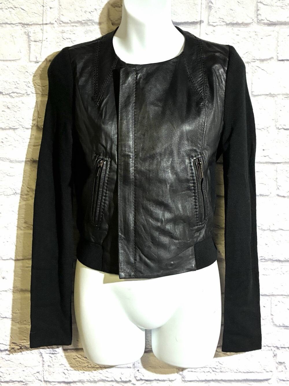 BCBGMAXAZRIA Womens XS Black Leather Merino Wool Knit Jacket Mixed Media